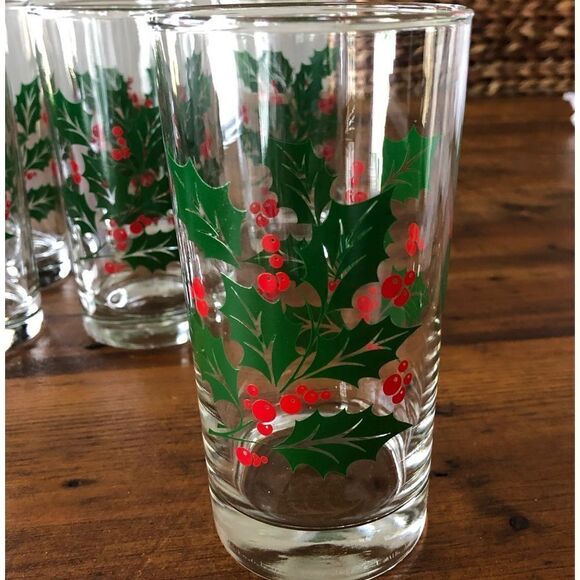 Vintage Indiana Glass Made in USA Holly Christmas 12oz Drinking Glasses - Picture 2 of 8